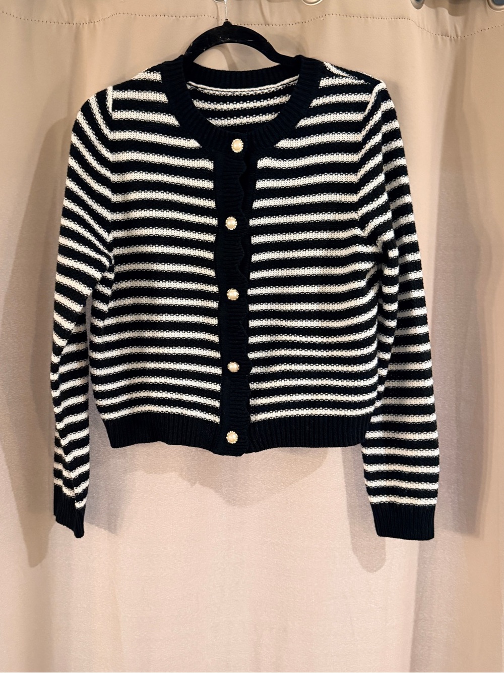 SHEIN Black & White Striped Crewneck Pearl Button Cardigan